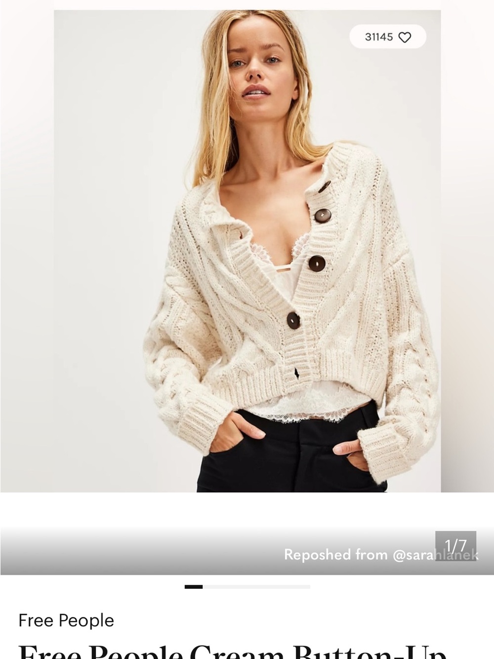 [NWT] Free People Cream Bonfire Cable Knit Cardigan